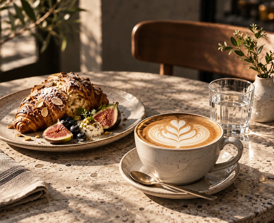Café et assiette photographiés pour les réseaux sociaux